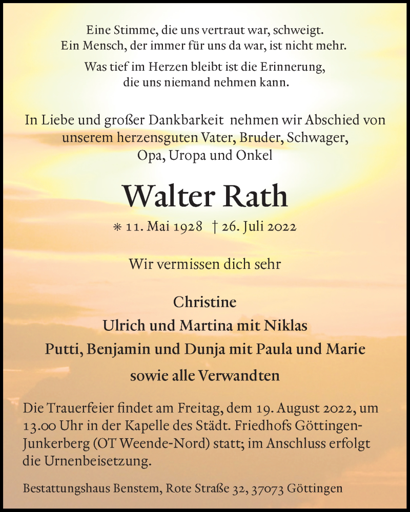  Traueranzeige für Walter Rath vom 17.08.2022 aus Göttinger Tageblatt