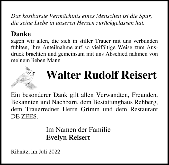 Traueranzeige von Walter Rudolf Reisert von Ostsee-Zeitung GmbH