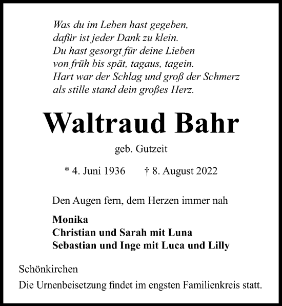 Traueranzeige von Waltraud Bahr von Kieler Nachrichten