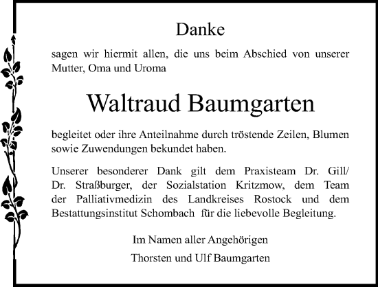 Traueranzeige von Waltraud Baumgarten von Ostsee-Zeitung GmbH