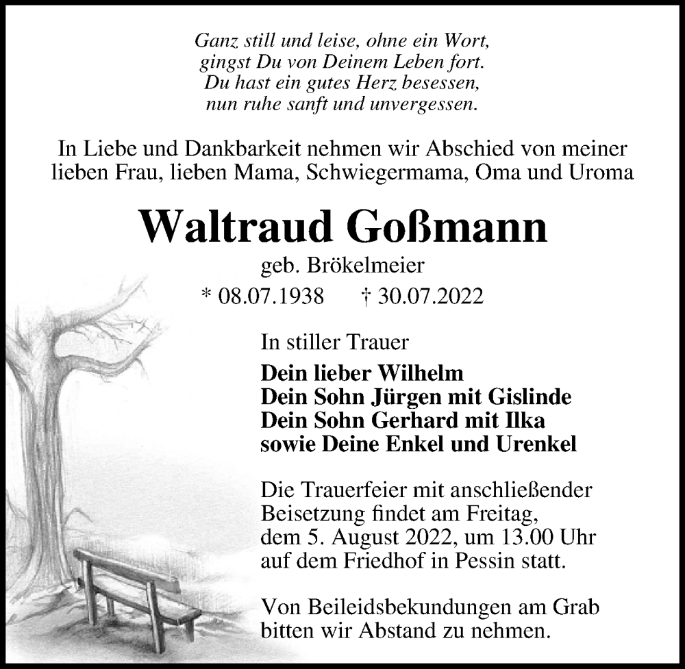  Traueranzeige für Waltraud Goßmann vom 03.08.2022 aus Märkischen Allgemeine Zeitung