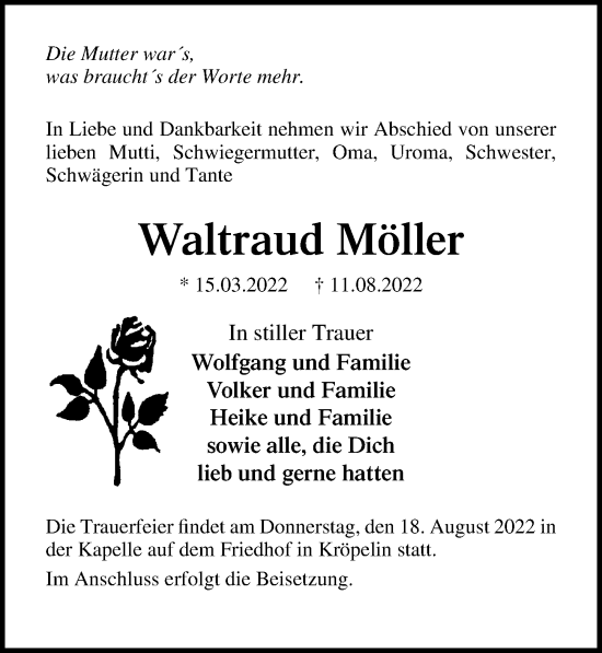 Traueranzeige von Waltraud Möller von Ostsee-Zeitung GmbH