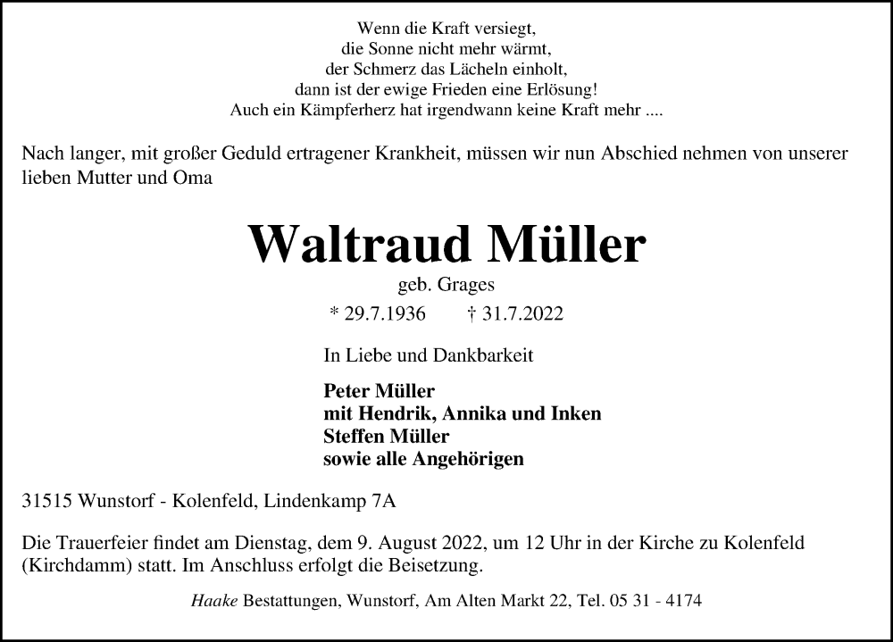  Traueranzeige für Waltraud Müller vom 06.08.2022 aus Hannoversche Allgemeine Zeitung/Neue Presse