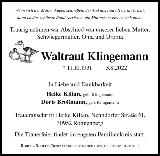 Traueranzeige von Waltraut Klingemann von Hannoversche Allgemeine Zeitung/Neue Presse