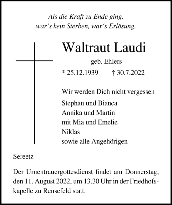 Traueranzeige von Waltraut Laudi von Lübecker Nachrichten
