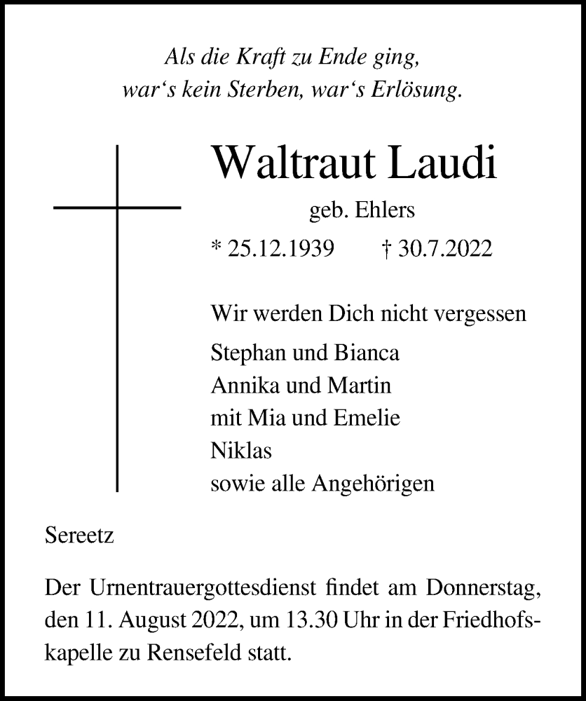  Traueranzeige für Waltraut Laudi vom 07.08.2022 aus Lübecker Nachrichten