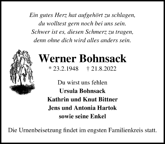 Traueranzeige von Werner Bohnsack von Märkischen Allgemeine Zeitung