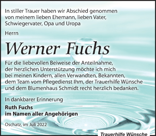 Traueranzeige von Werner Fuchs von Leipziger Volkszeitung