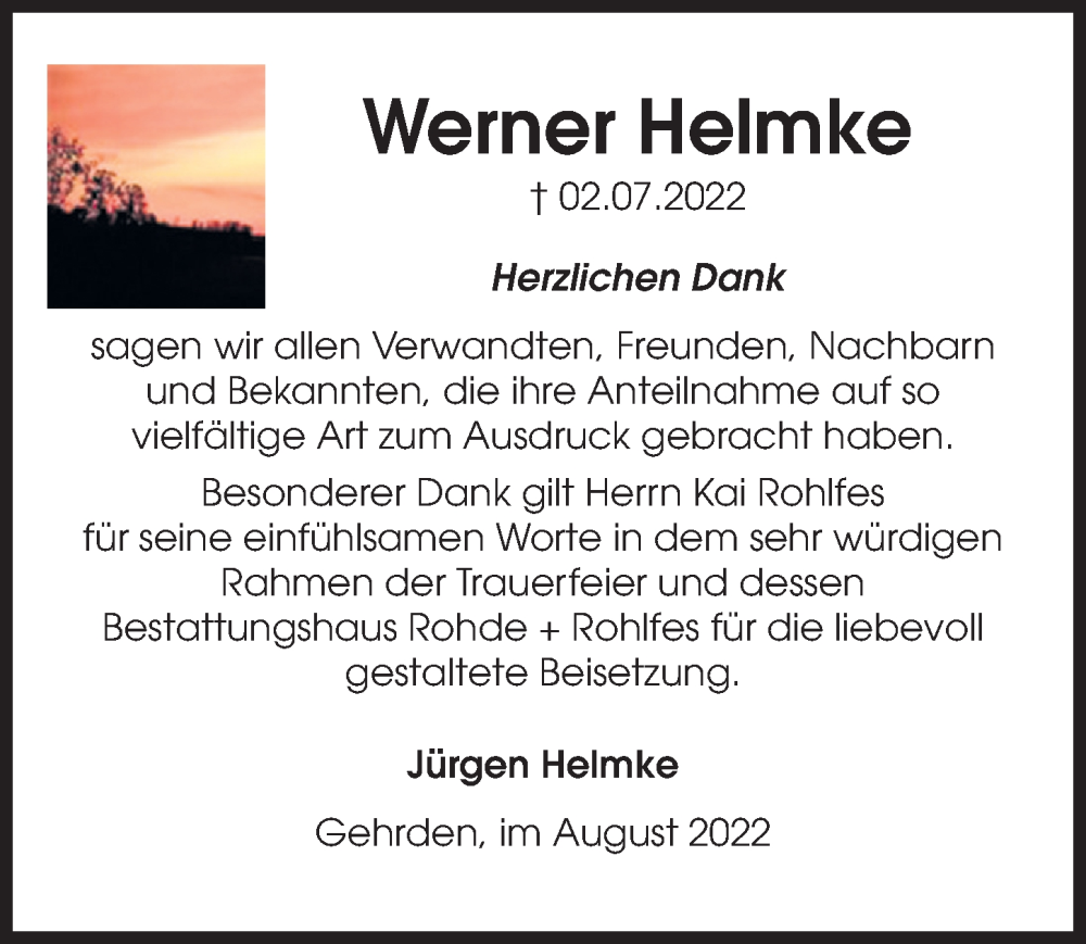  Traueranzeige für Werner Helmke vom 06.08.2022 aus Hannoversche Allgemeine Zeitung/Neue Presse
