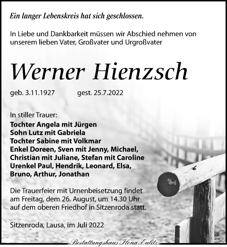  Traueranzeige für Werner Hienzsch vom 06.08.2022 aus Torgauer Zeitung