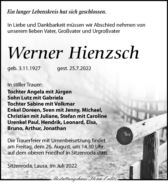 Traueranzeige von Werner Hienzsch von Torgauer Zeitung