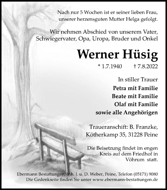 Traueranzeige von Werner Hüsig von Peiner Allgemeine Zeitung