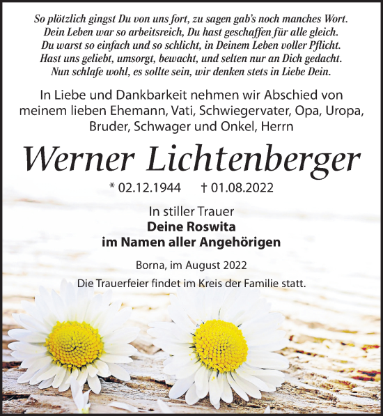 Traueranzeige von Werner Lichtenberger von Leipziger Volkszeitung