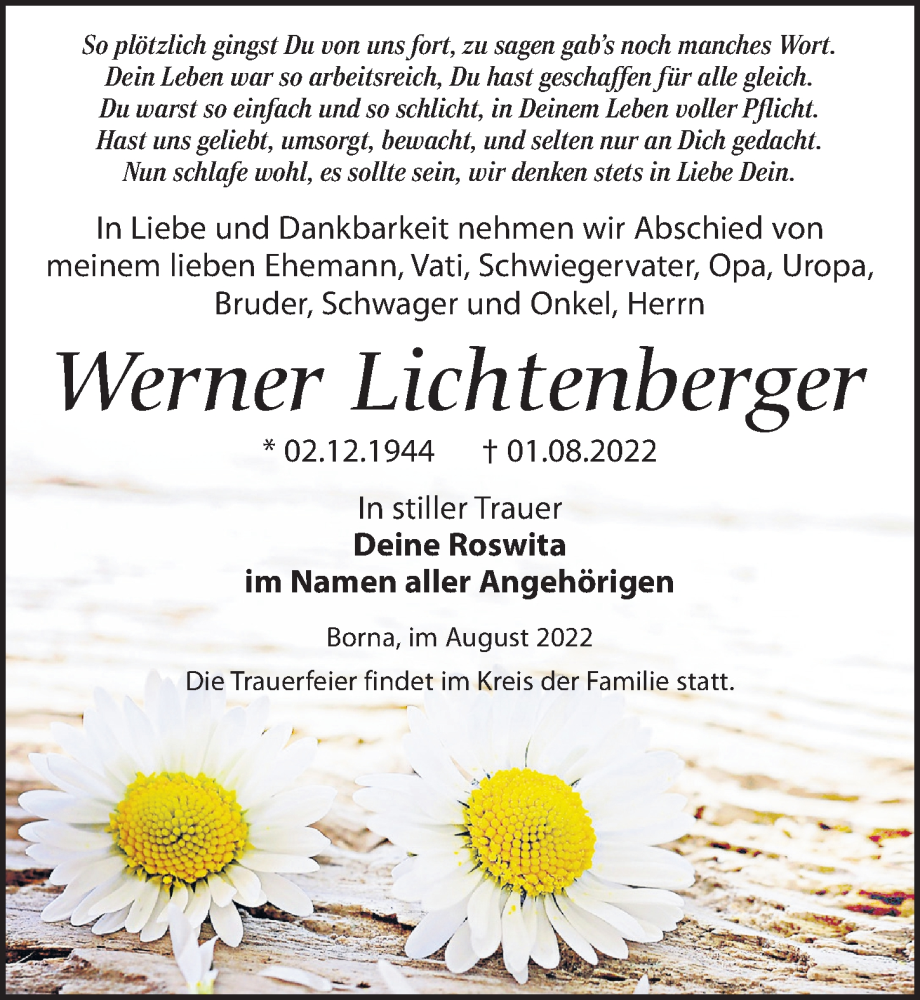  Traueranzeige für Werner Lichtenberger vom 06.08.2022 aus Leipziger Volkszeitung
