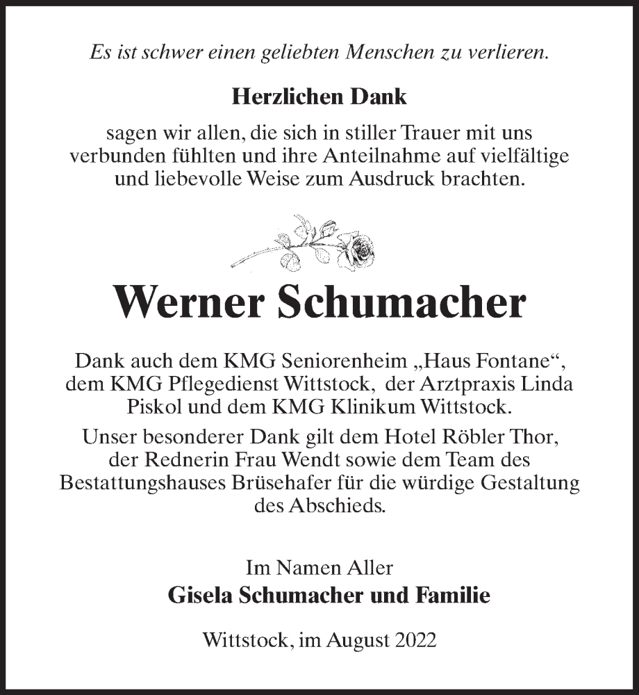  Traueranzeige für Werner Schumacher vom 20.08.2022 aus Märkischen Allgemeine Zeitung