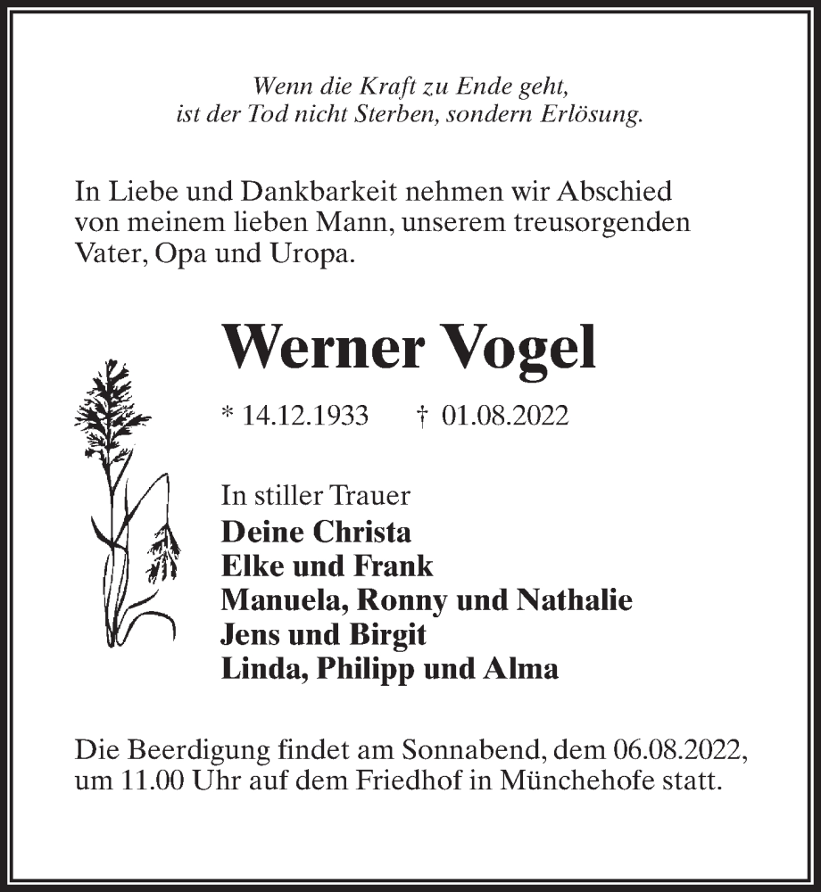  Traueranzeige für Werner Vogel vom 04.08.2022 aus Märkischen Allgemeine Zeitung