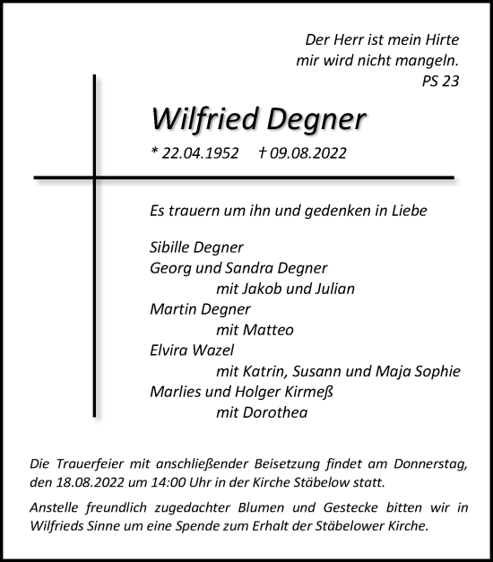 Traueranzeige von Wilfried Degner von Ostsee-Zeitung GmbH