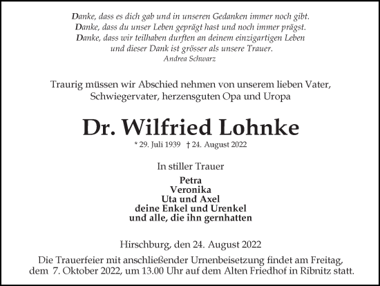 Traueranzeige von Wilfried Lohnke von Ostsee-Zeitung GmbH