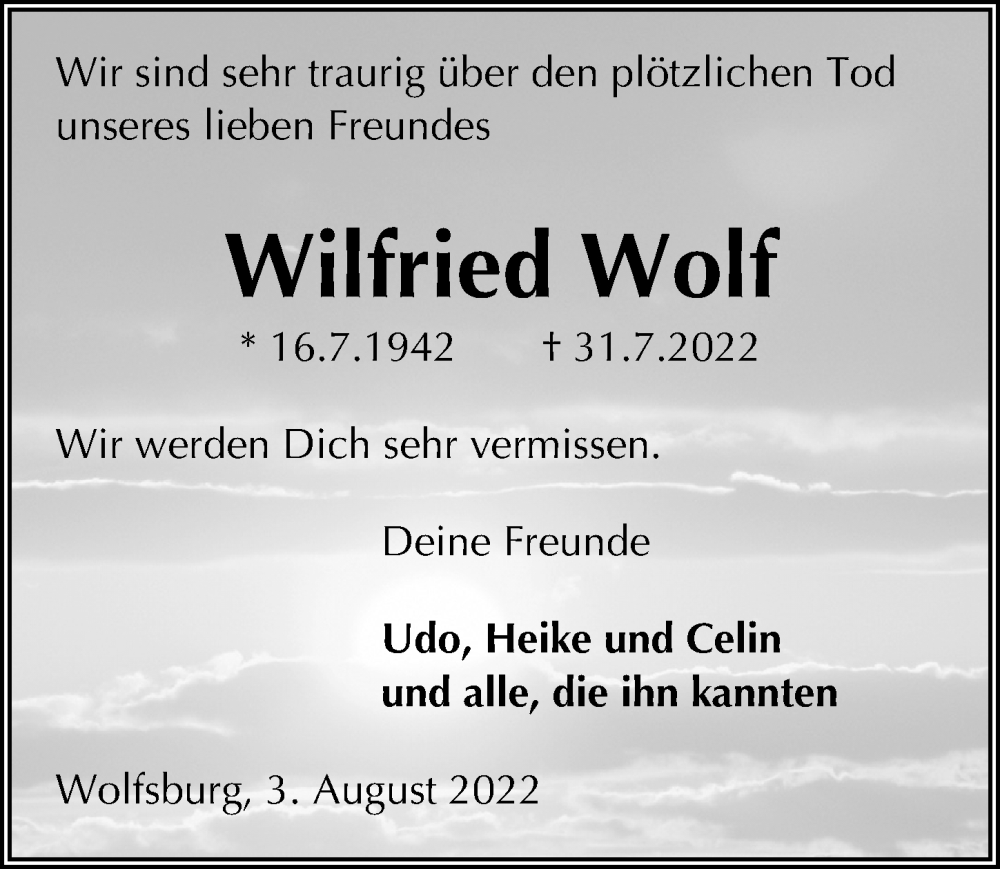  Traueranzeige für Wilfried Wolf vom 03.08.2022 aus Aller Zeitung
