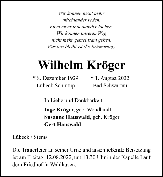 Traueranzeige von Wilhelm Kröger von Lübecker Nachrichten