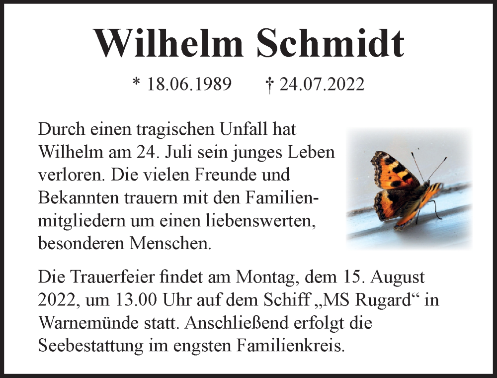  Traueranzeige für Wilhelm Schmidt vom 06.08.2022 aus Ostsee-Zeitung GmbH