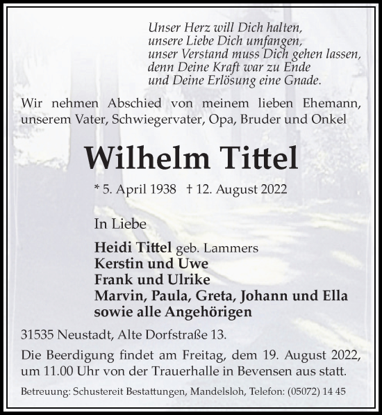 Traueranzeige von Wilhelm Tittel von Hannoversche Allgemeine Zeitung/Neue Presse