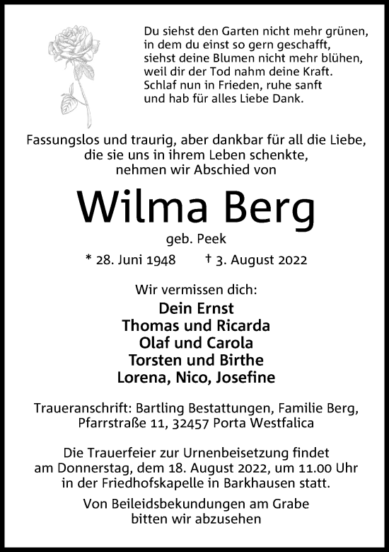 Traueranzeige von Wilma Berg von Schaumburger Nachrichten