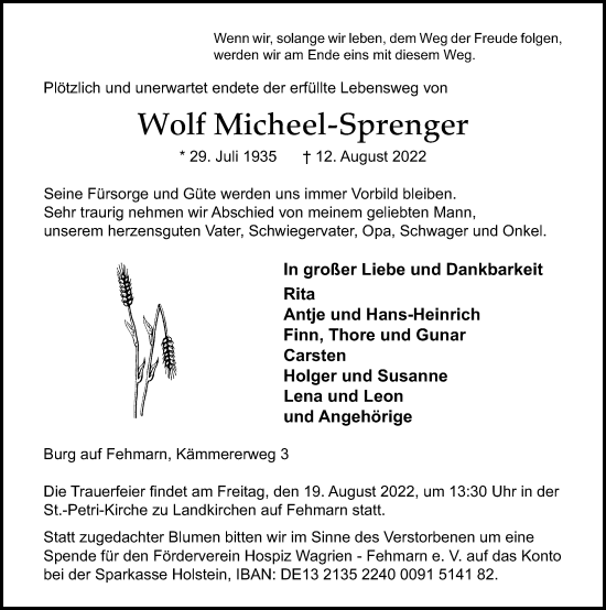 Traueranzeige von Wolf Micheel-Sprenger von Lübecker Nachrichten