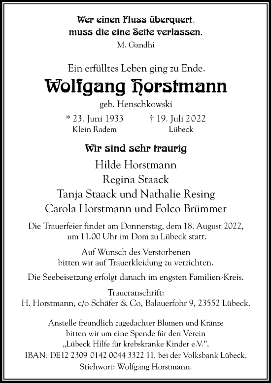 Traueranzeige von Wolfgang Horstmann von Lübecker Nachrichten