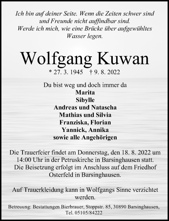 Traueranzeige von Wolfgang Kuwan von Hannoversche Allgemeine Zeitung/Neue Presse