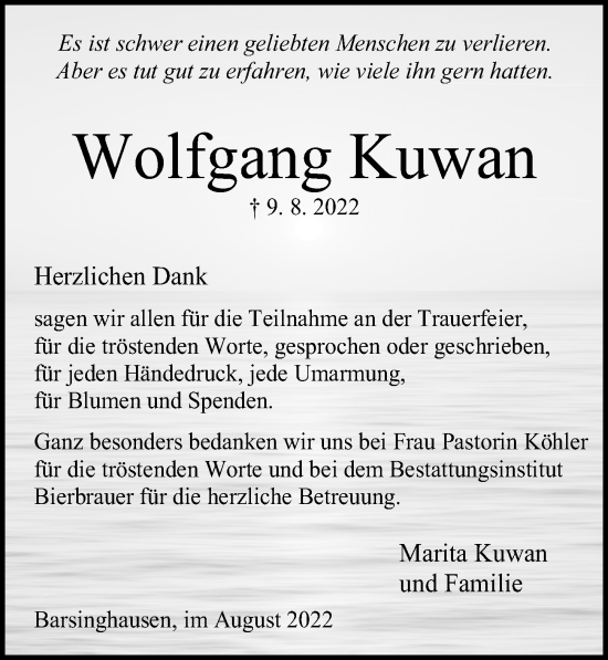 Traueranzeige von Wolfgang Kuwan von Hannoversche Allgemeine Zeitung/Neue Presse