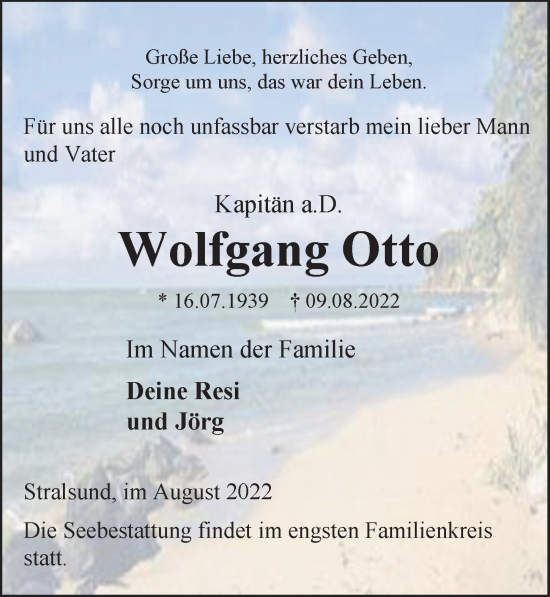 Traueranzeige von Wolfgang Otto von Ostsee-Zeitung GmbH