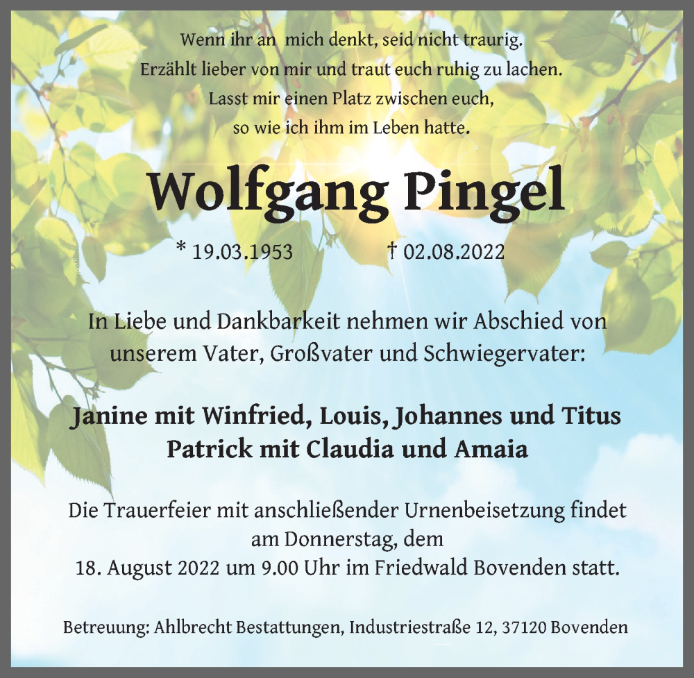 Traueranzeige für Wolfgang Pingel vom 13.08.2022 aus Göttinger Tageblatt