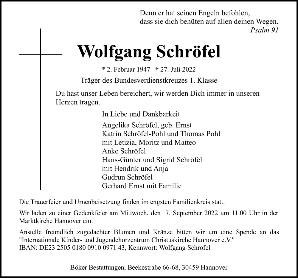  Traueranzeige für Wolfgang Schröfel vom 06.08.2022 aus Hannoversche Allgemeine Zeitung/Neue Presse
