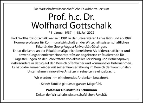 Traueranzeige von Wolfhard Gottschalk von Göttinger Tageblatt