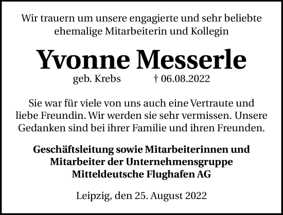 Traueranzeige von Yvonne Messerle von Leipziger Volkszeitung