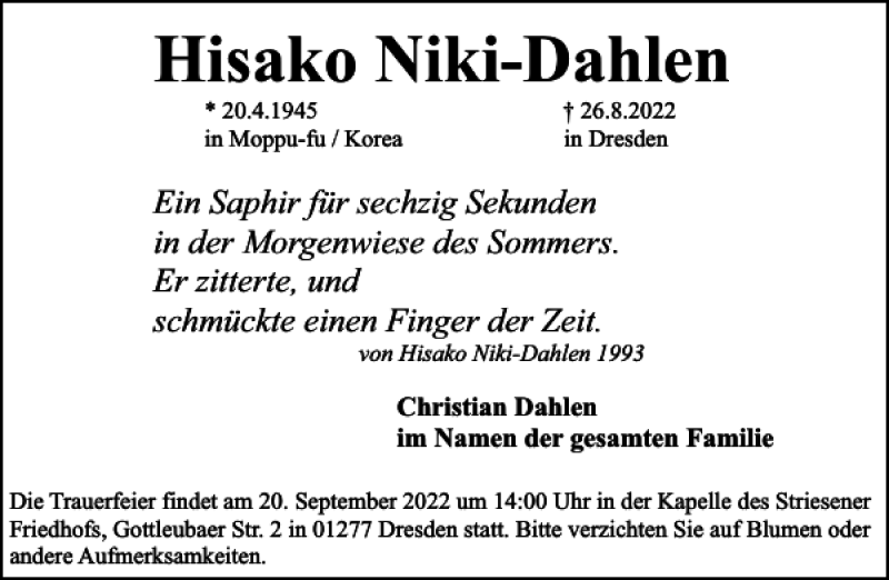  Traueranzeige für Hisako Niki-Dahlen vom 10.09.2022 aus Sächsische Zeitung