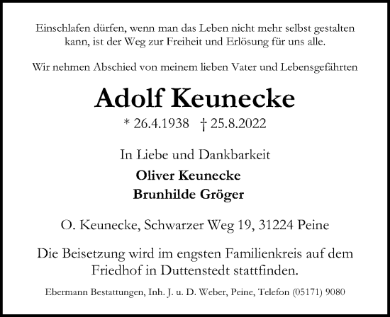 Traueranzeige von Adolf Keunecke von Peiner Allgemeine Zeitung