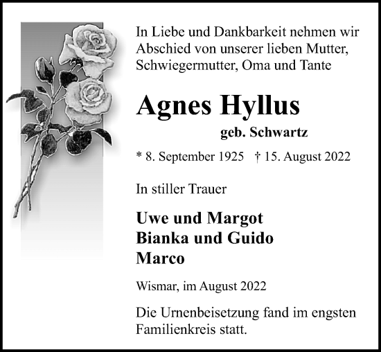 Traueranzeige von Agnes Hyllus von Ostsee-Zeitung GmbH