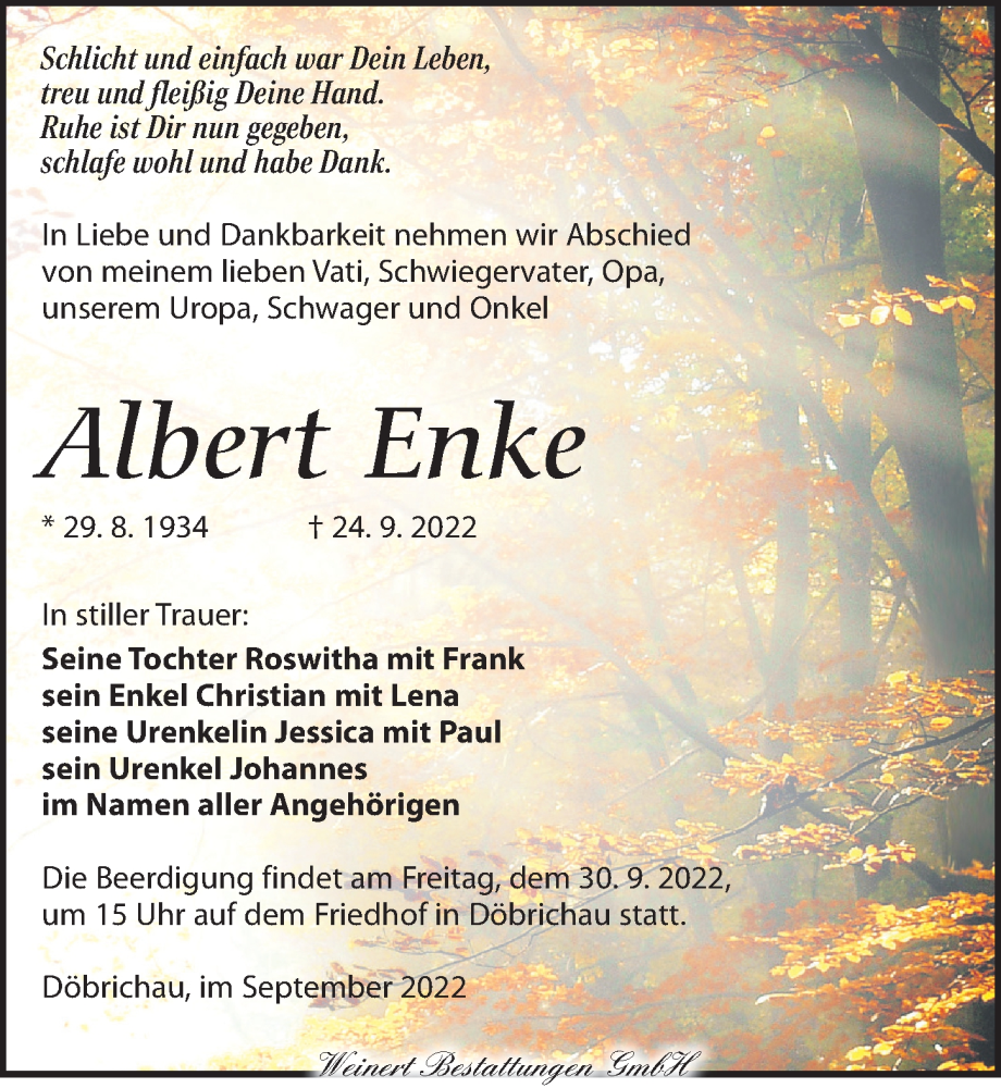  Traueranzeige für Albert Enke vom 28.09.2022 aus Torgauer Zeitung