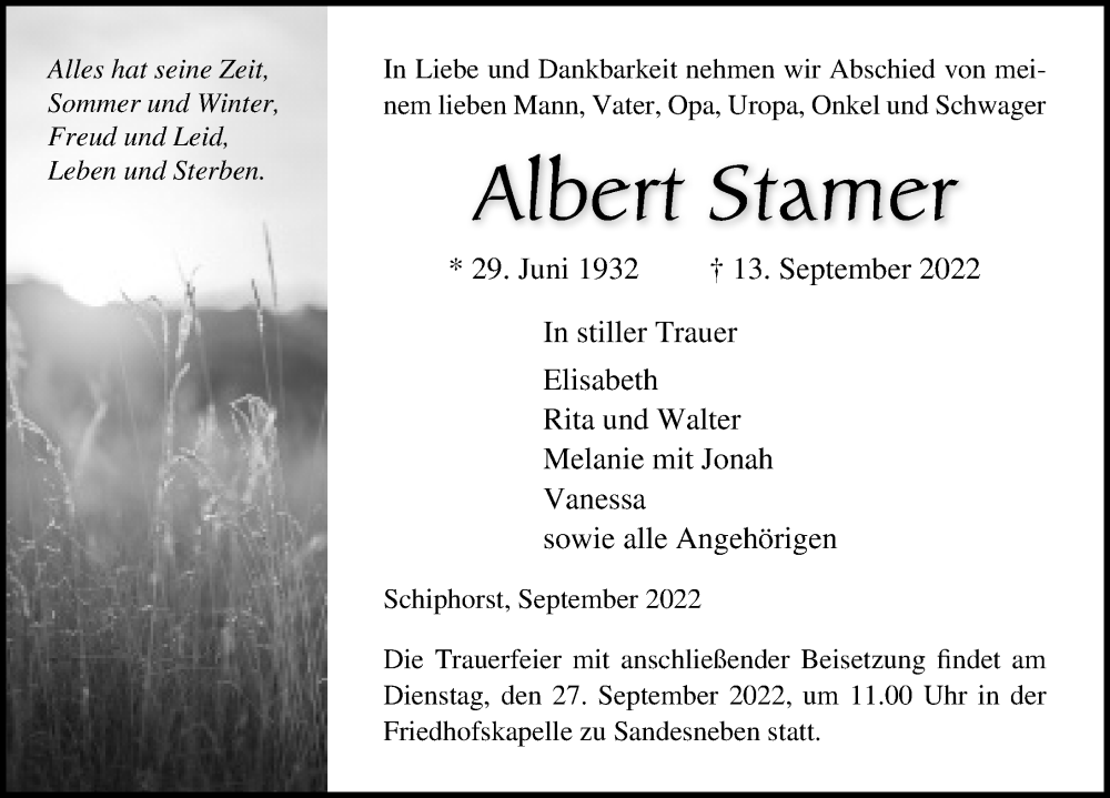  Traueranzeige für Albert Stamer vom 22.09.2022 aus Lübecker Nachrichten