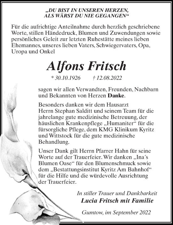 Traueranzeige von Alfons Fritsch von Märkischen Allgemeine Zeitung