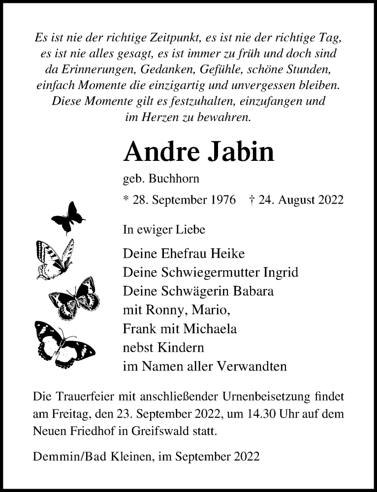  Traueranzeige für Andre Jabin vom 21.09.2022 aus Ostsee-Zeitung GmbH