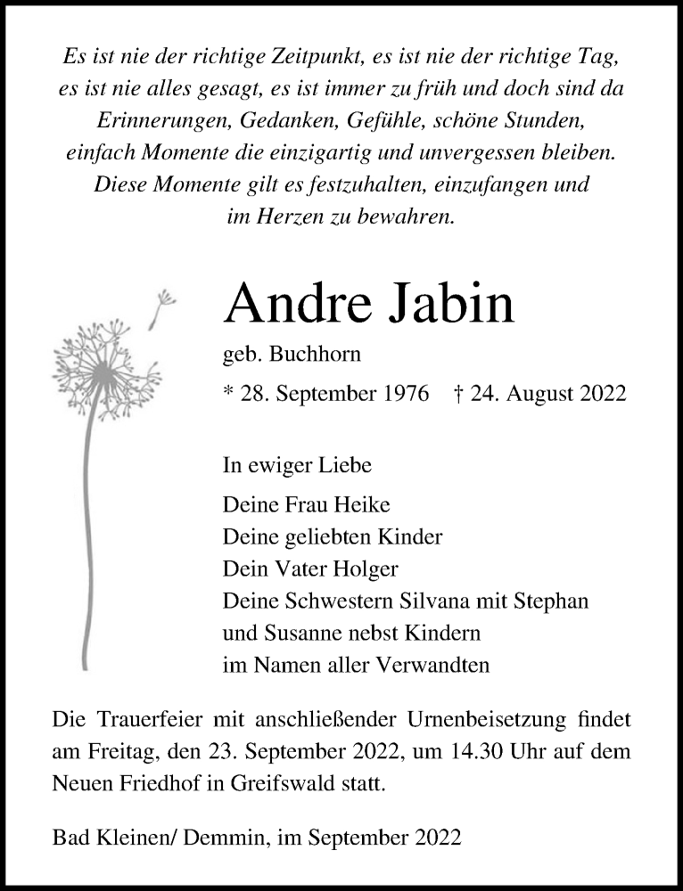  Traueranzeige für Andre Jabin vom 17.09.2022 aus Ostsee-Zeitung GmbH