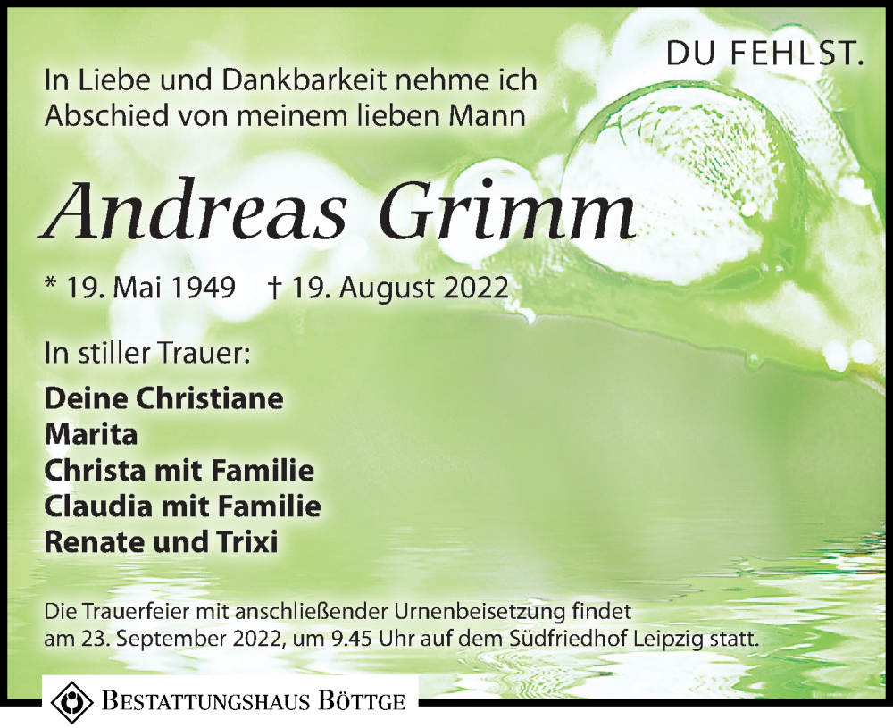 Traueranzeige für Andreas Grimm vom 10.09.2022 aus Leipziger Volkszeitung