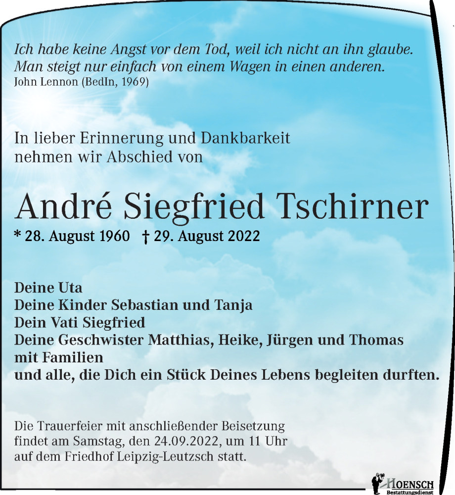  Traueranzeige für André Siegfried Tschirner vom 10.09.2022 aus Leipziger Volkszeitung