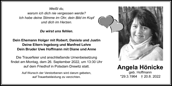 Traueranzeige von Angela Hönicke von Märkischen Allgemeine Zeitung