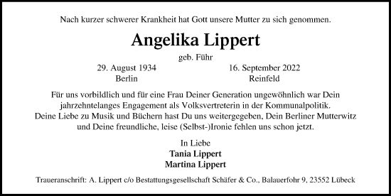 Traueranzeige von Angelika Lippert von Lübecker Nachrichten