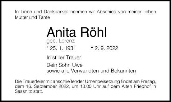 Traueranzeige von Anita Röhl von Ostsee-Zeitung GmbH