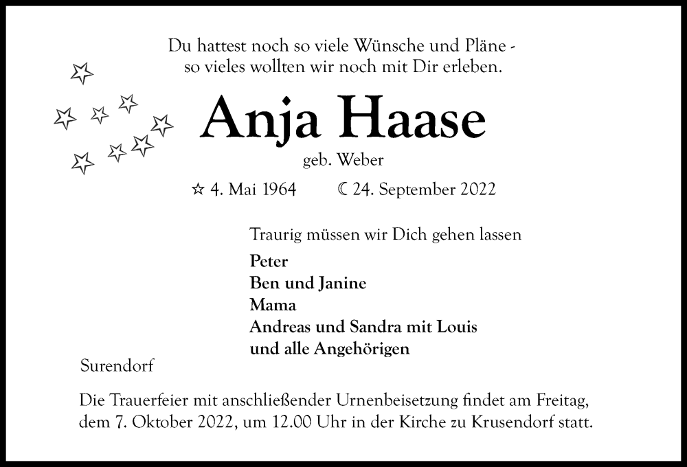  Traueranzeige für Anja Haase vom 01.10.2022 aus Kieler Nachrichten